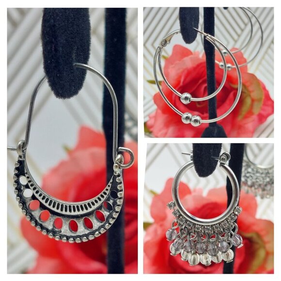 Lot of 3 Silver Tone Hoop Earrings Dangle Crystal Ball Bead Open Works Pierced - Picture 1 of 10